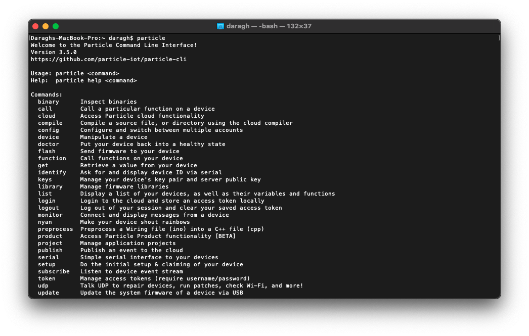 Particle CLI in the OSX Terminal Window